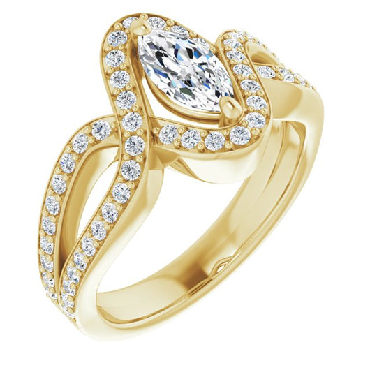 10K Yellow Gold Customizable Marquise Cut Center with Infinity-inspired Split Shared Prong Band and Bypass Halo