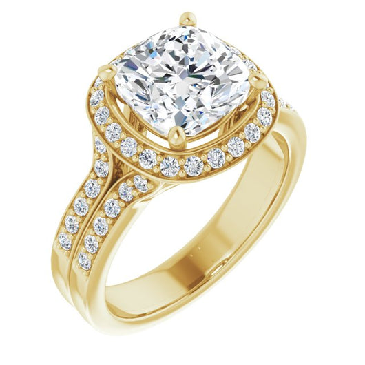 10K Yellow Gold Customizable Cushion Cut Halo Style with Accented Split-Band