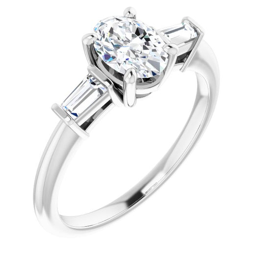 10K White Gold Customizable 3-stone Oval Cut Design with Dual Baguette Accents)