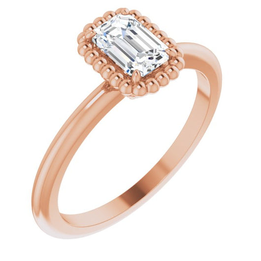 10K Rose Gold Customizable Emerald/Radiant Cut Solitaire with Beaded Metallic Milgrain