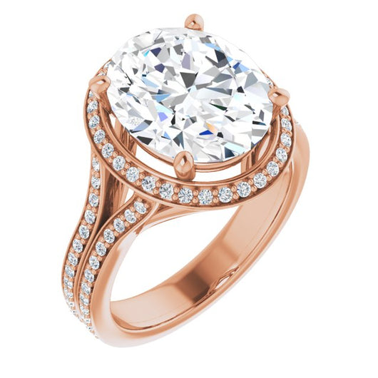 10K Rose Gold Customizable Cathedral-raised Oval Cut Setting with Halo and Shared Prong Band