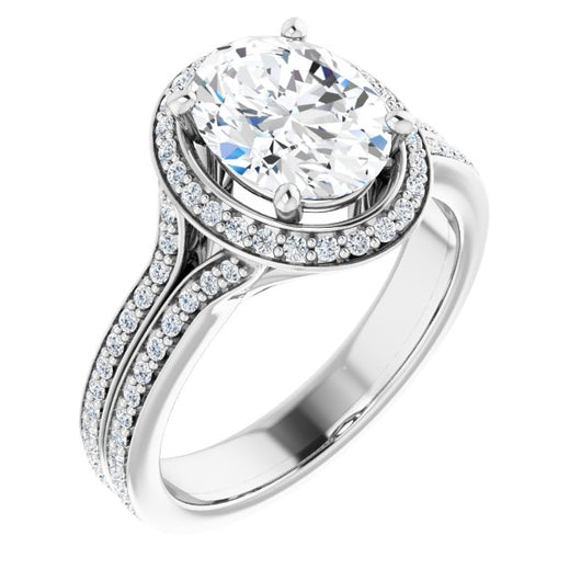 10K White Gold Customizable Cathedral-raised Oval Cut Setting with Halo and Shared Prong Band