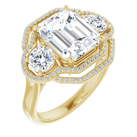 10K Yellow Gold Customizable Cathedral-set Enhanced 3-stone Emerald/Radiant Cut Design with Multidirectional Halo