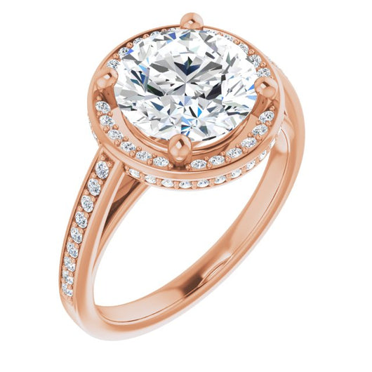 10K Rose Gold Customizable Cathedral-Halo Round Cut Design with Under-halo & Shared Prong Band