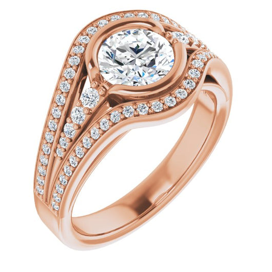 10K Rose Gold Customizable Cathedral-Bezel Round Cut Design with Wide Triple-Split-Pavé Band