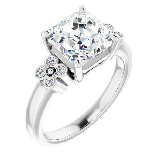 10K White Gold Customizable 9-stone Design with Asscher Cut Center and Complementary Quad Bezel-Accent Sets