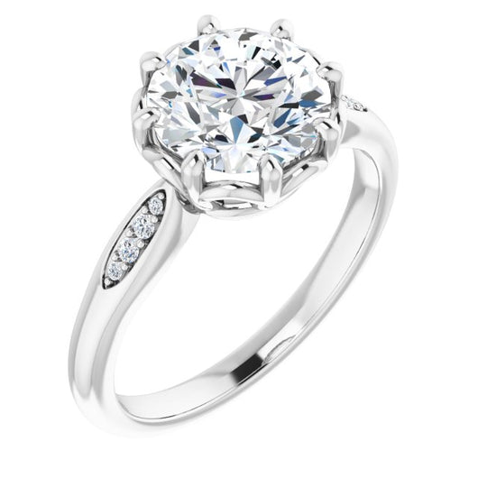 10K White Gold Customizable 9-stone Round Cut Design with 8-prong Decorative Basket & Round Cut Side Stones