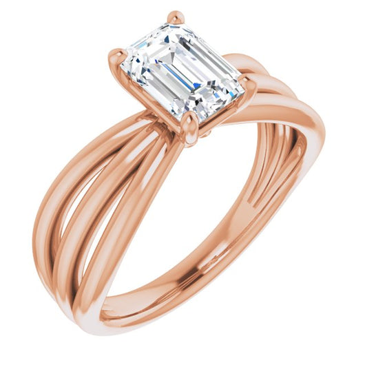 10K Rose Gold Customizable Emerald/Radiant Cut Solitaire Design with Wide, Ribboned Split-band