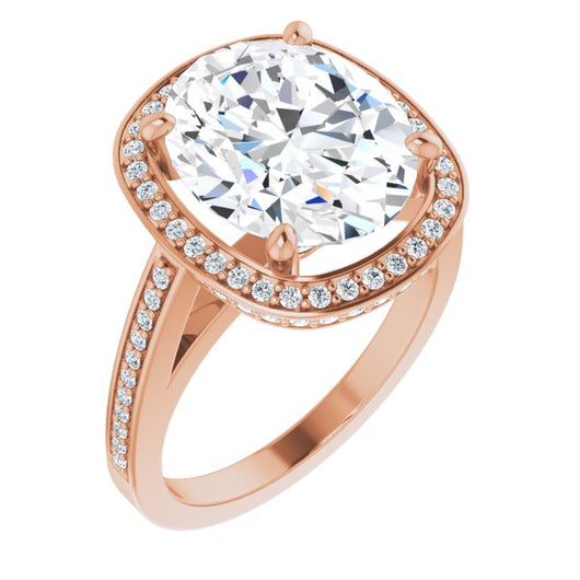 10K Rose Gold Customizable Cathedral-set Oval Cut Design with Halo, Thin Pavé Band & Round-Bezel Peekaboos