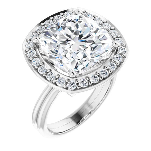 10K White Gold Customizable Cluster-Halo Accented Cushion Cut Style with Tapered Dual Band