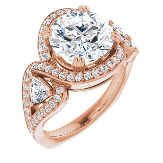 10K Rose Gold Customizable Round Cut Center with Twin Trillion Accents, Twisting Shared Prong Split Band, and Halo