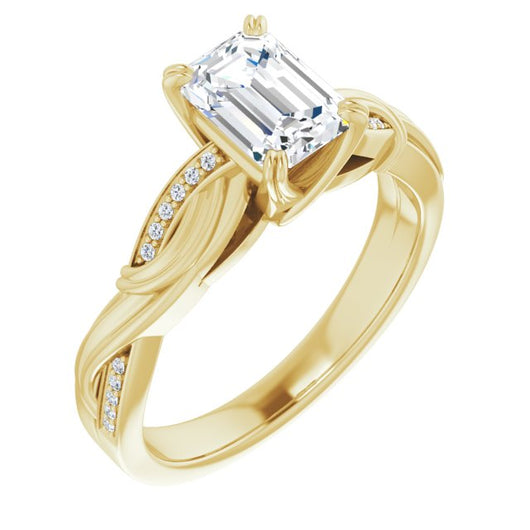 10K Yellow Gold Customizable Cathedral-raised Emerald/Radiant Cut Design featuring Rope-Braided Half-Pavé Band