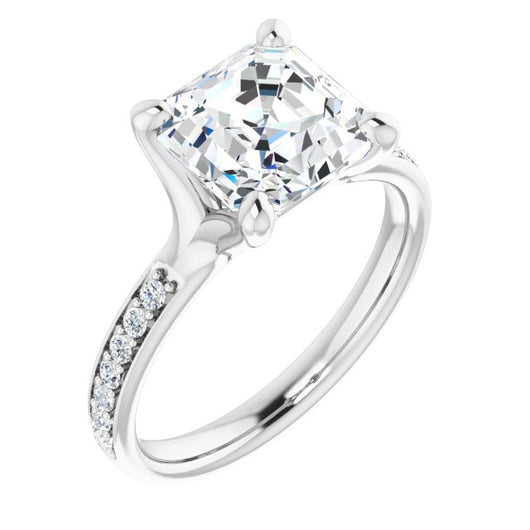 10K White Gold Customizable Heavy Prong-Set Asscher Cut Style with Round Cut Band Accents