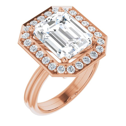 10K Rose Gold Customizable Cluster-Halo Accented Emerald/Radiant Cut Style with Tapered Dual Band