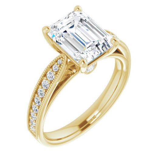 10K Yellow Gold Customizable Emerald/Radiant Cut Style featuring Milgrained Shared Prong Band & Dual Peekaboos