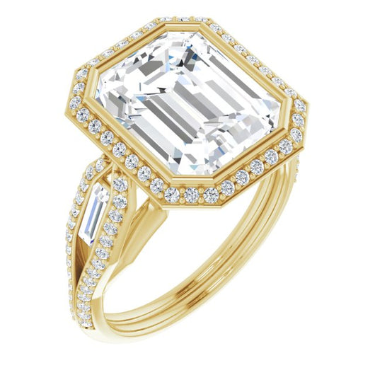 10K Yellow Gold Customizable Cathedral-Bezel Emerald/Radiant Cut Design with Halo, Split-Pavé Band & Channel Baguettes