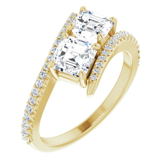 10K Yellow Gold Customizable Double Asscher Cut 2-stone Design with Ultra-thin Bypass Band and Pavé Enhancement