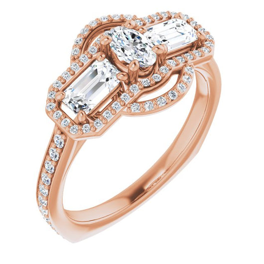 10K Rose Gold Customizable Enhanced 3-stone Style with Oval Cut Center, Emerald Cut Accents, Double Halo and Thin Shared Prong Band