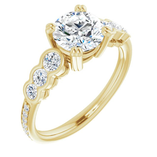 10K Yellow Gold Customizable Round Cut 7-stone Style Enhanced with Bezel Accents and Shared Prong Band