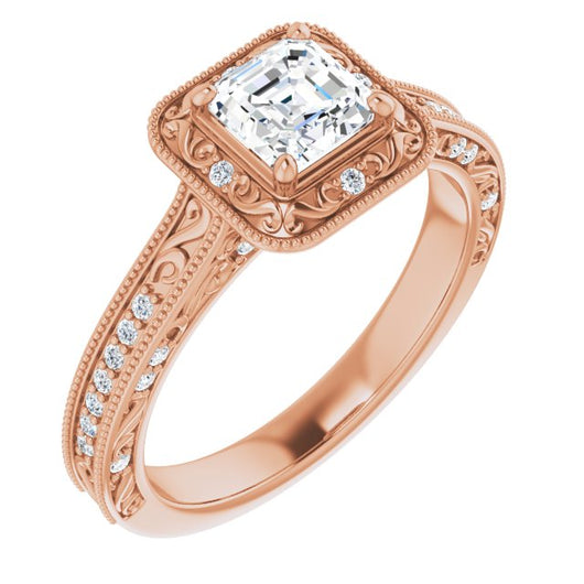 10K Rose Gold Customizable Vintage Artisan Asscher Cut Design with 3-Sided Filigree and Side Inlay Accent Enhancements