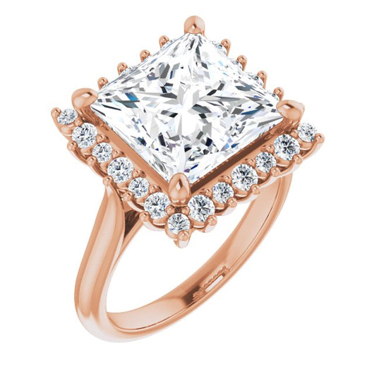 10K Rose Gold Customizable Crown-Cathedral Princess/Square Cut Design with Clustered Large-Accent Halo & Ultra-thin Band