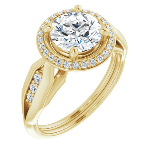 10K Yellow Gold Customizable Cathedral-raised Round Cut Design with Halo and Tri-Cluster Band Accents