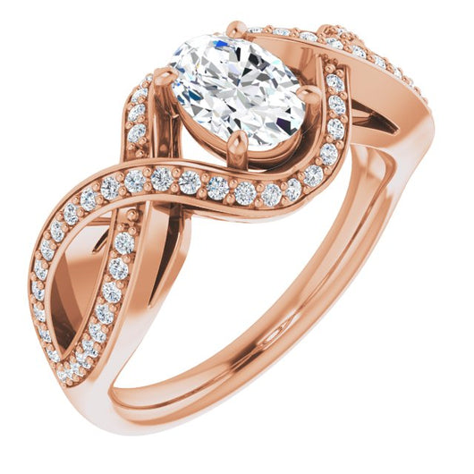 10K Rose Gold Customizable Oval Cut Design with Twisting, Infinity-Shared Prong Split Band and Bypass Semi-Halo