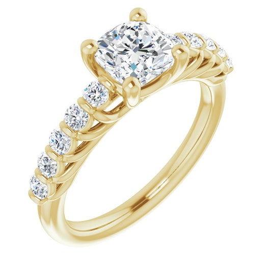 10K Yellow Gold Customizable Cushion Cut Style with Round Bar-set Accents