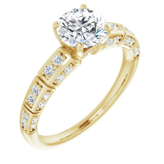 10K Yellow Gold Customizable Round Cut Style with Three-sided, Segmented Shared Prong Band