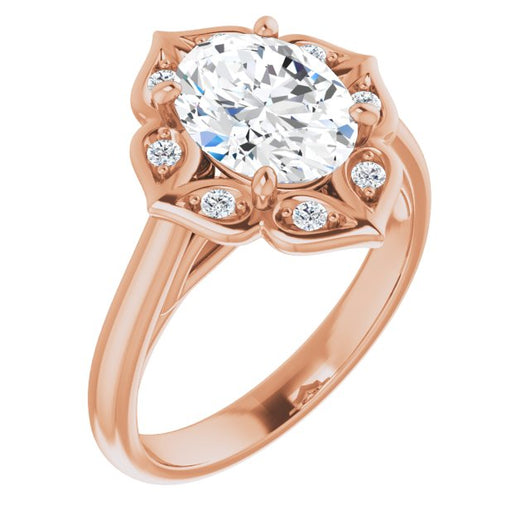 10K Rose Gold Customizable Cathedral-raised Oval Cut Design with Star Halo & Round-Bezel Peekaboo Accents