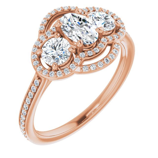 10K Rose Gold Customizable Enhanced 3-stone Double-Halo Style with Oval Cut Center and Thin Band