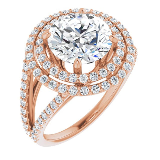 10K Rose Gold Customizable Round Cut Design with Double Halo and Wide Split-Pavé Band