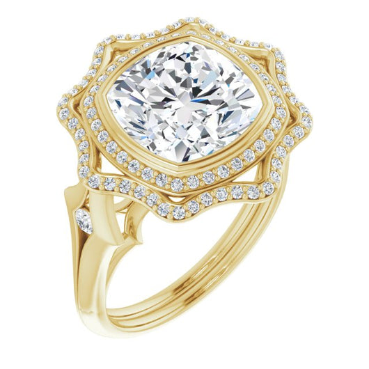 10K Yellow Gold Customizable Cathedral-bezel Cushion Cut Design with Floral Double Halo and Channel-Accented Split Band