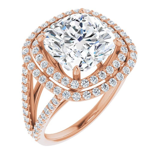 10K Rose Gold Customizable Cushion Cut Design with Double Halo and Wide Split-Pavé Band