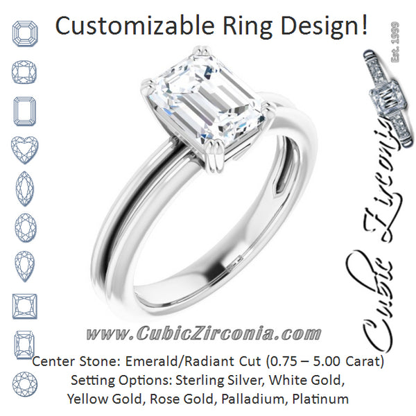 Cubic Zirconia Engagement Ring- The Evie (Customizable Radiant Cut Solitaire with Grooved Band)