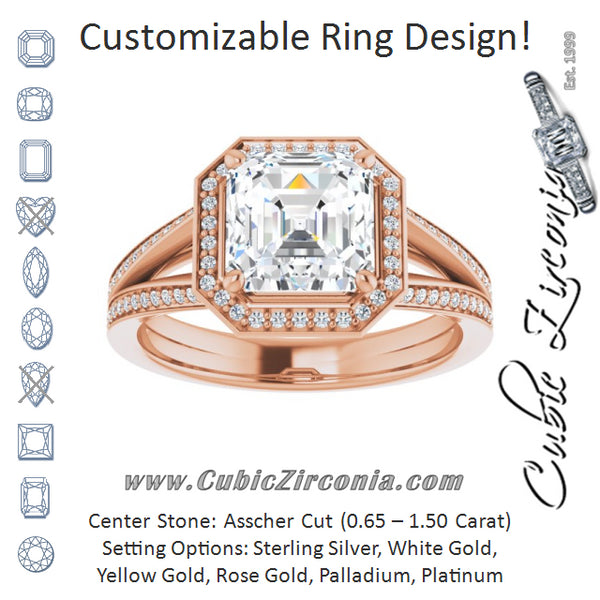 Cubic Zirconia Engagement Ring- The Carrie (Customizable Asscher Cut Design with Split-Band Shared Prong & Halo)