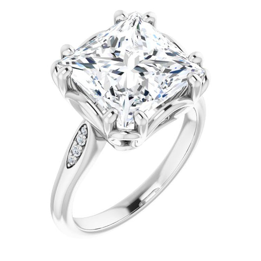 10K White Gold Customizable 9-stone Princess/Square Cut Design with 8-prong Decorative Basket & Round Cut Side Stones