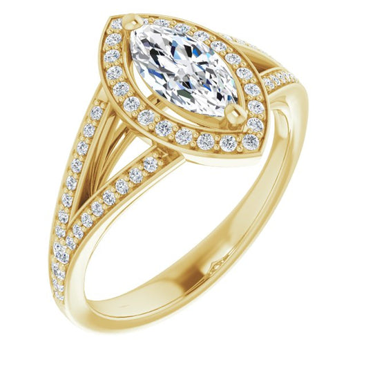 10K Yellow Gold Customizable Cathedral-Halo Marquise Cut Style featuring Split-Shared Prong Band