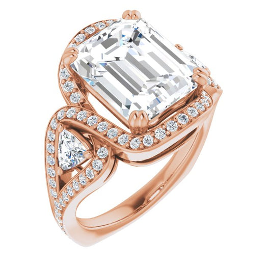 10K Rose Gold Customizable Emerald/Radiant Cut Center with Twin Trillion Accents, Twisting Shared Prong Split Band, and Halo