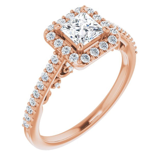 10K Rose Gold Customizable Cathedral-Halo Princess/Square Cut Design with Carved Metal Accent plus Pavé Band