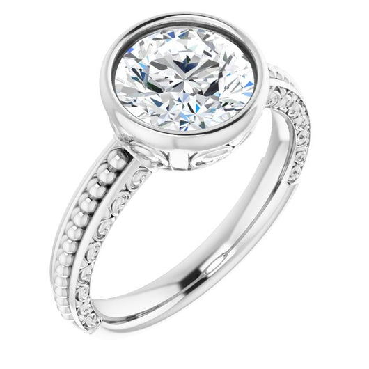 10K White Gold Customizable Bezel-set Round Cut Solitaire with Beaded and Carved Three-sided Band