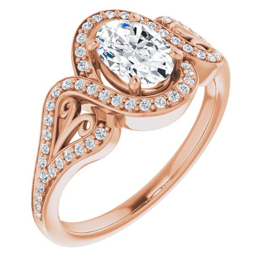 10K Rose Gold Customizable Oval Cut Design with Bypass Halo and Split-Shared Prong Band