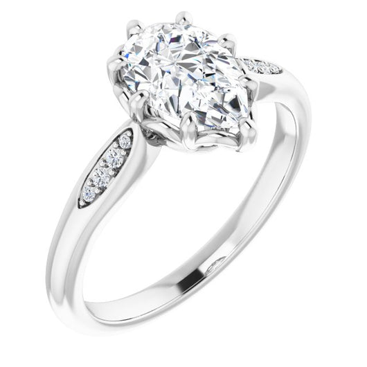 10K White Gold Customizable 9-stone Pear Cut Design with 8-prong Decorative Basket & Round Cut Side Stones