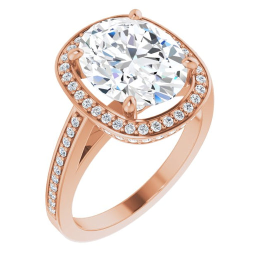 10K Rose Gold Customizable Cathedral-set Oval Cut Design with Halo, Thin Pavé Band & Round-Bezel Peekaboos