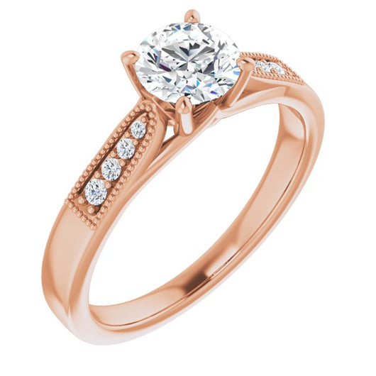 10K Rose Gold Customizable 9-stone Vintage Design with Round Cut Center and Round Band Accents