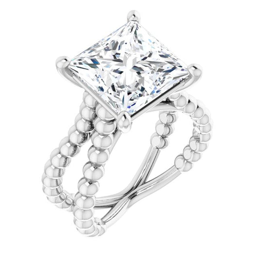 10K White Gold Customizable Princess/Square Cut Solitaire with Wide Beaded Split-Band