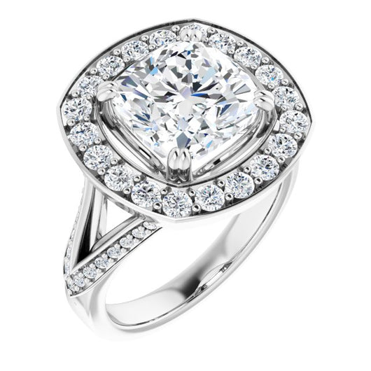 10K White Gold Customizable Cushion Cut Center with Large-Accented Halo and Split Shared Prong Band