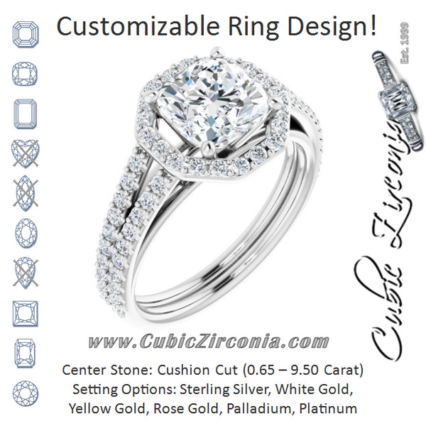 Cubic Zirconia Engagement Ring- The Danieela (Customizable Cathedral Cushion Cut Design with Geometric Halo & Split Pavé Band)