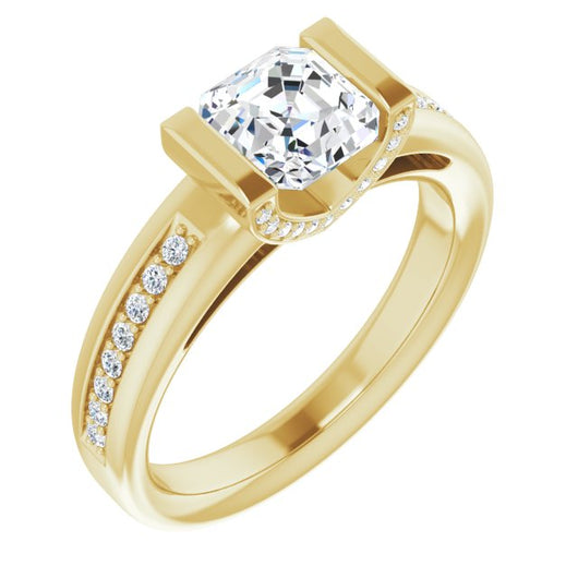 10K Yellow Gold Customizable Cathedral-Bar Asscher Cut Design featuring Shared Prong Band and Prong Accents