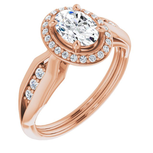 10K Rose Gold Customizable Cathedral-raised Oval Cut Design with Halo and Tri-Cluster Band Accents